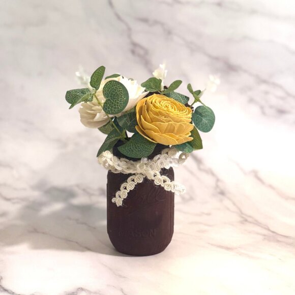 Sola Wood Flower Cream Yellow Rose Arrangement in Burgundy Mason Jar, Home Decor - Picture 3 of 9